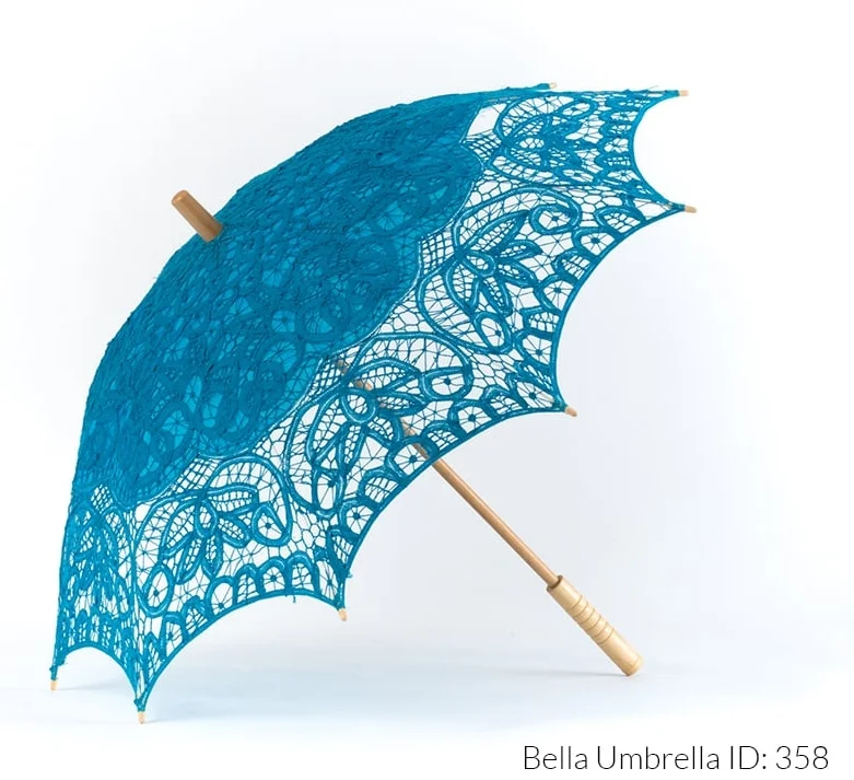 Umbrella ID 358 | Aqua Lace Cotton Battenberg Lace Parasol | Wooden Post Handle | Bella Umbrella | Vintage Umbrella Rentals