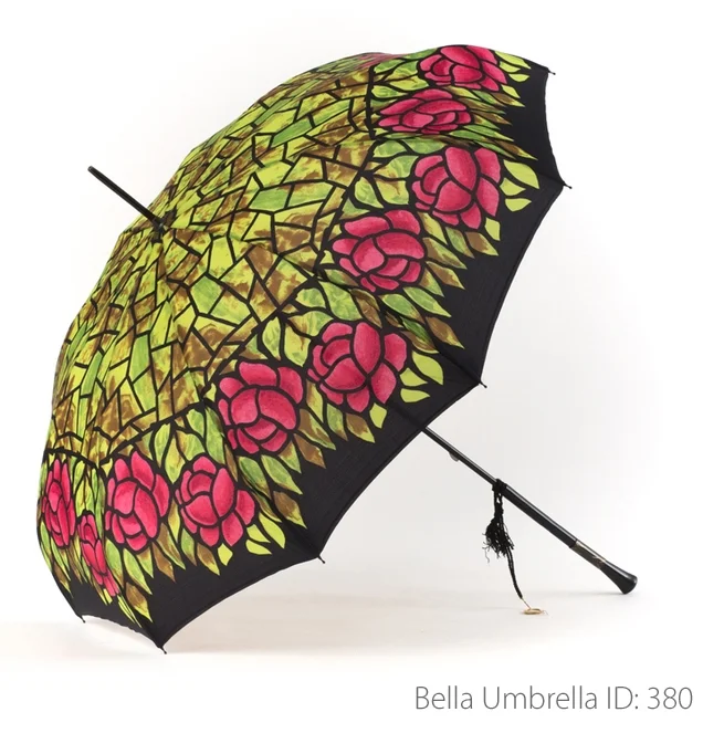 Umbrella ID 380 | Green and Red Tiffany Glass Style Floral | Bella Umbrella | Vintage Umbrella Rentals