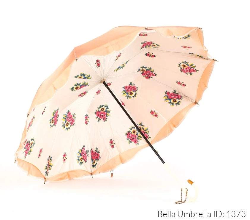 Umbrella ID 1373 | Double Layered Peach Floral Umbrella White Hook Handle| Bella Umbrella | Vintage Umbrella Rentals