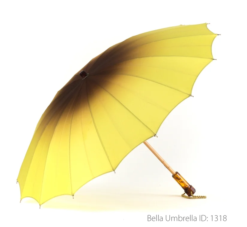 Umbrella ID 1318 | Spring Green to Brown Ombre Umbrella | Gold and Amber Handle | Bella Umbrella | Vintage Umbrella Rentals
