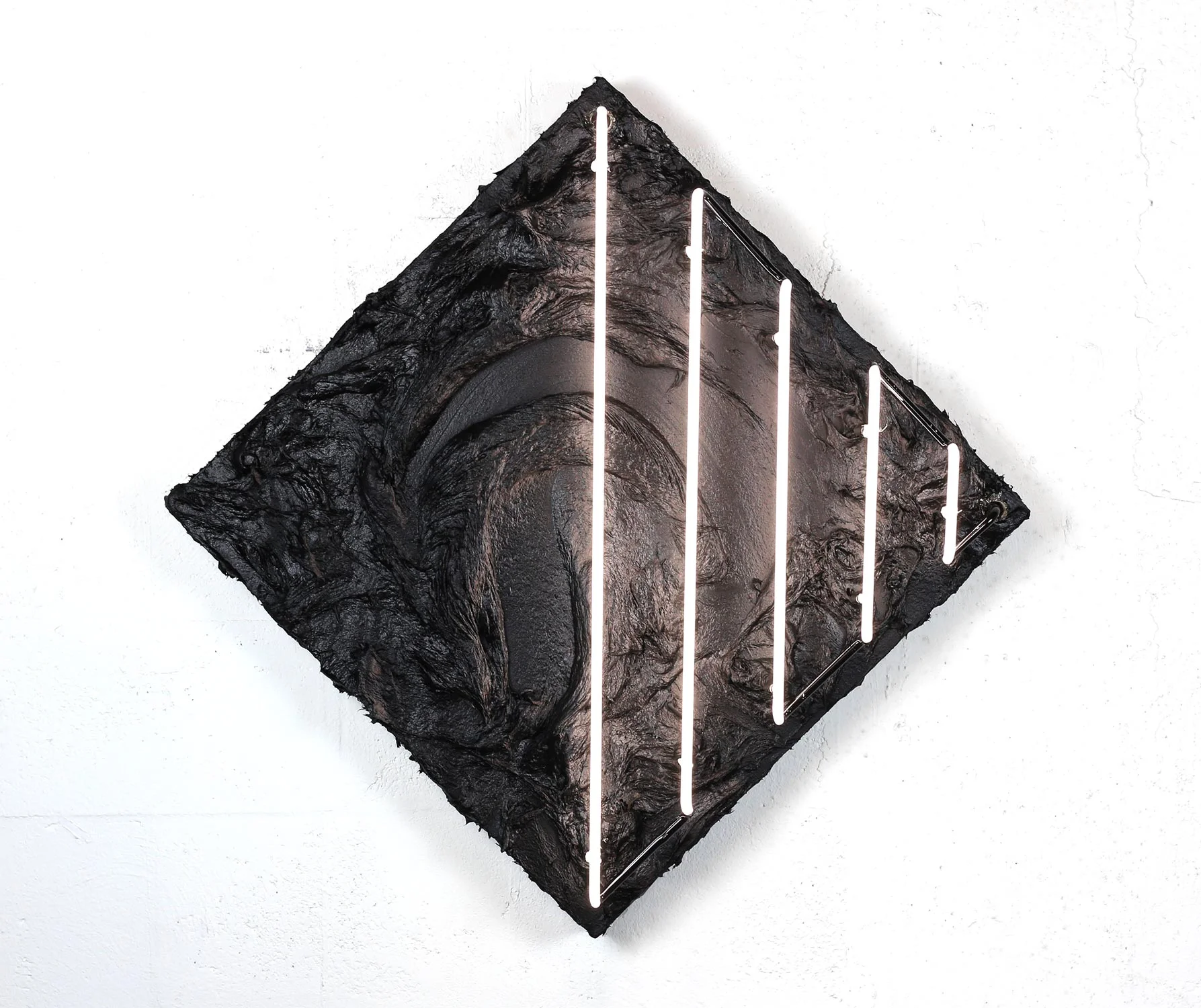 Line Them Up , 2016, Tar & Neon 26” x 26”