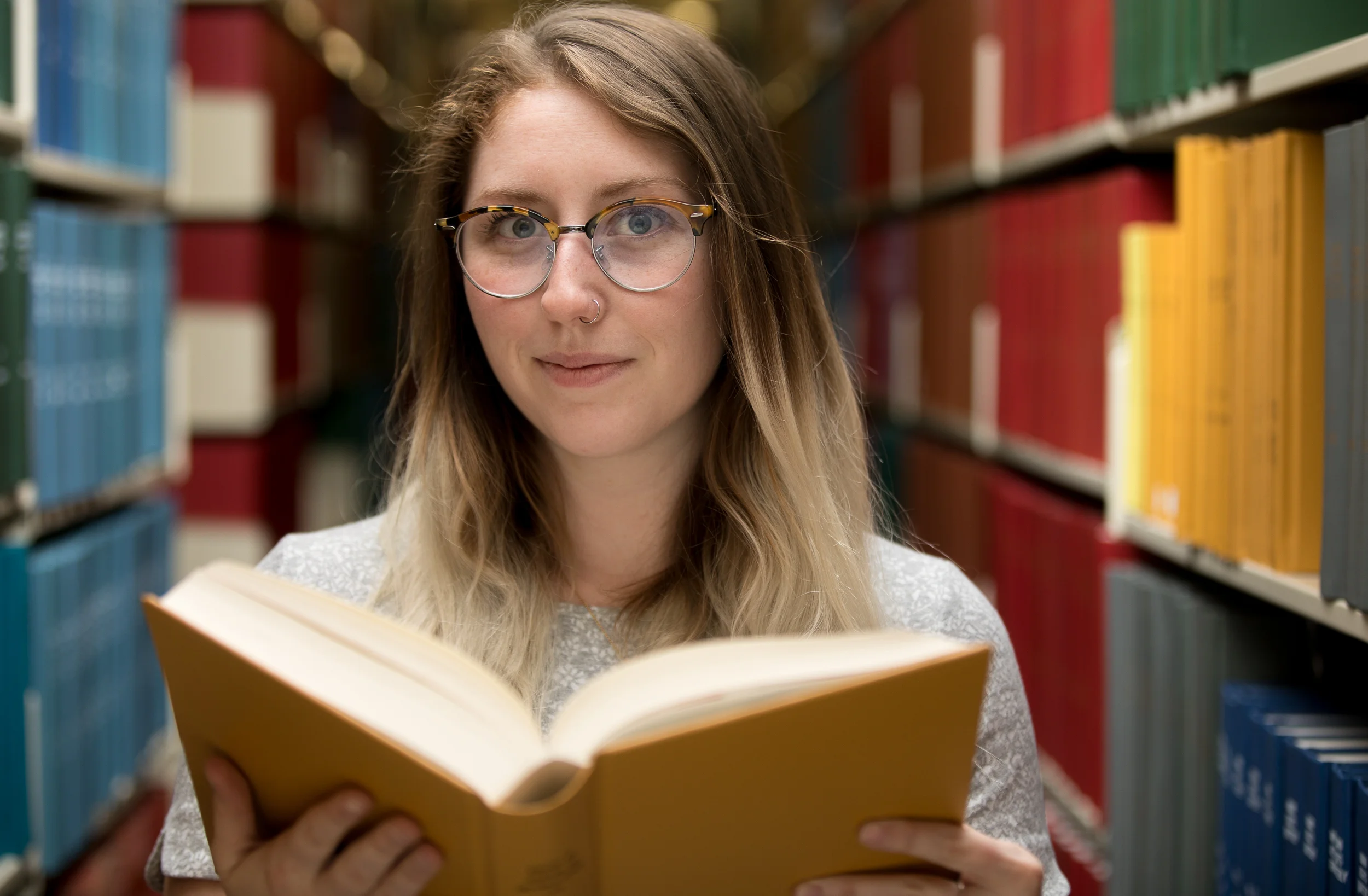  Ohio Northern University College of Law first-year law student Madeleine Burnette-McGrath is photographed  in the library at the Tilton Hall of Law. 