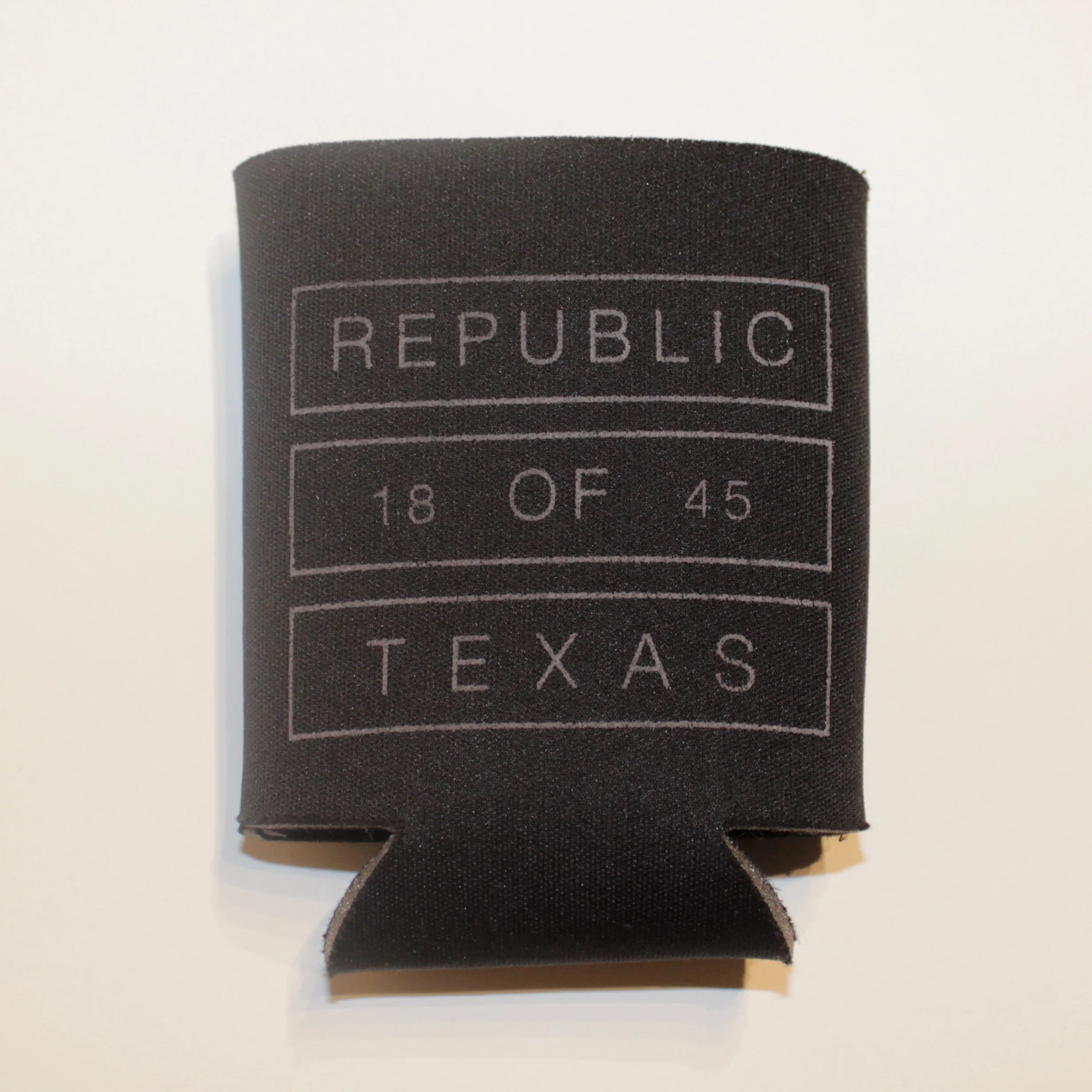 Black koozie with "Republic of Texas 18 of 45" text.
