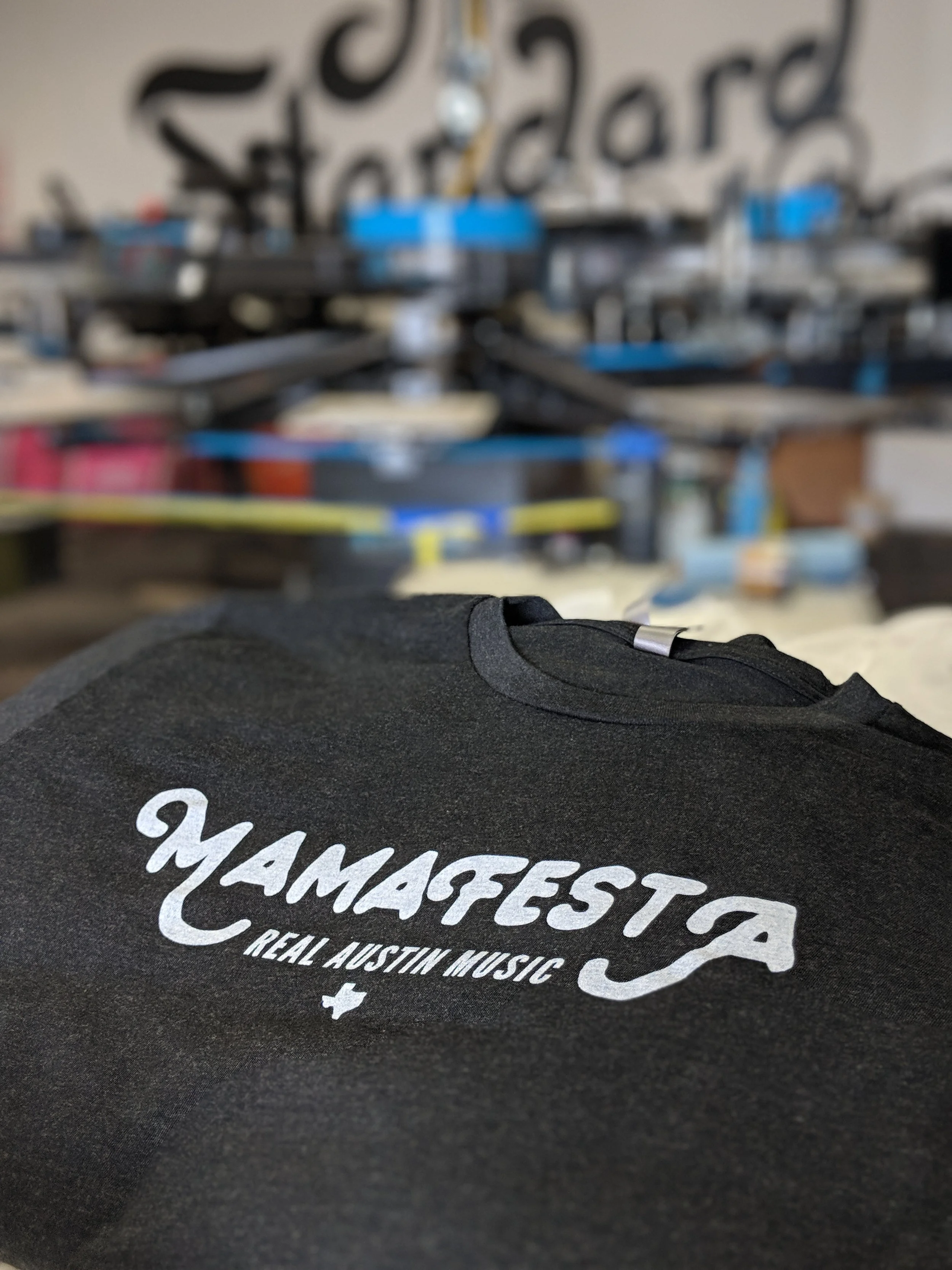 Custom screen printed live music event merchandise produced for Mamafesta in Austin, TX.