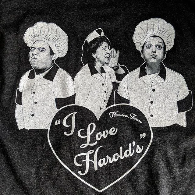 Custom screen printed restaurant uniform t-shirts produced for Harold's in Houston, TX.