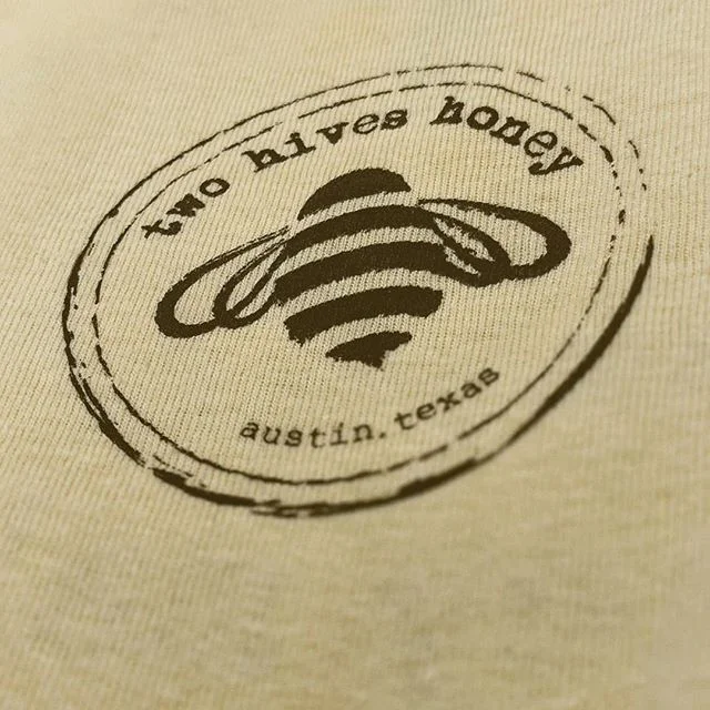 Soft-hand custom screen printed apparel produced for Two Hives Honey in Austin, Texas.
