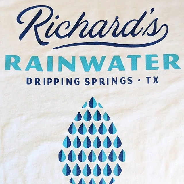 Custom screen printed promotional apparel produced for Richard's Rainwater in Dripping Springs, TX.