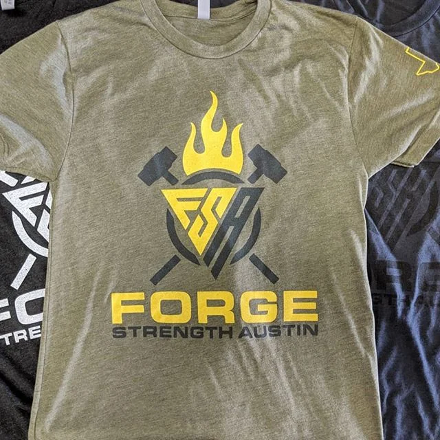 Custom poly-blend screen printing on fitness apparel produced for Forge Strength Austin.