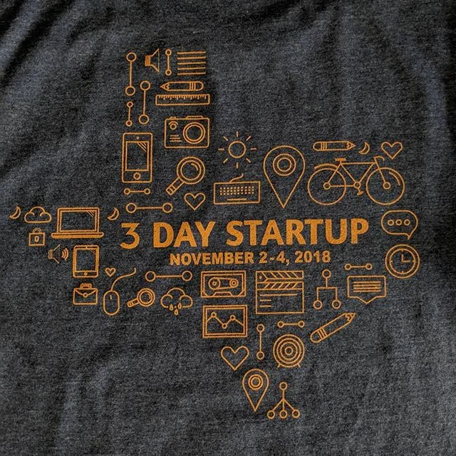 Custom screen printed corporate tech event merchandise produced for 3 Day Startup in Texas.