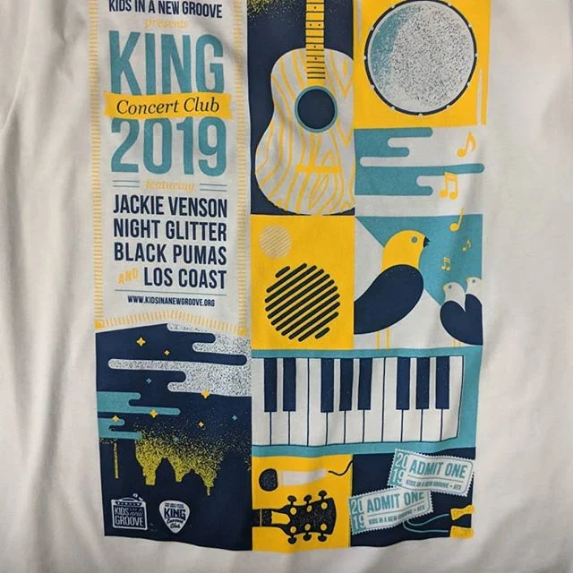 Custom screen printed live music festival merchandise produced for the King Concert Club featuring Jackie Venson and Black Pumas.