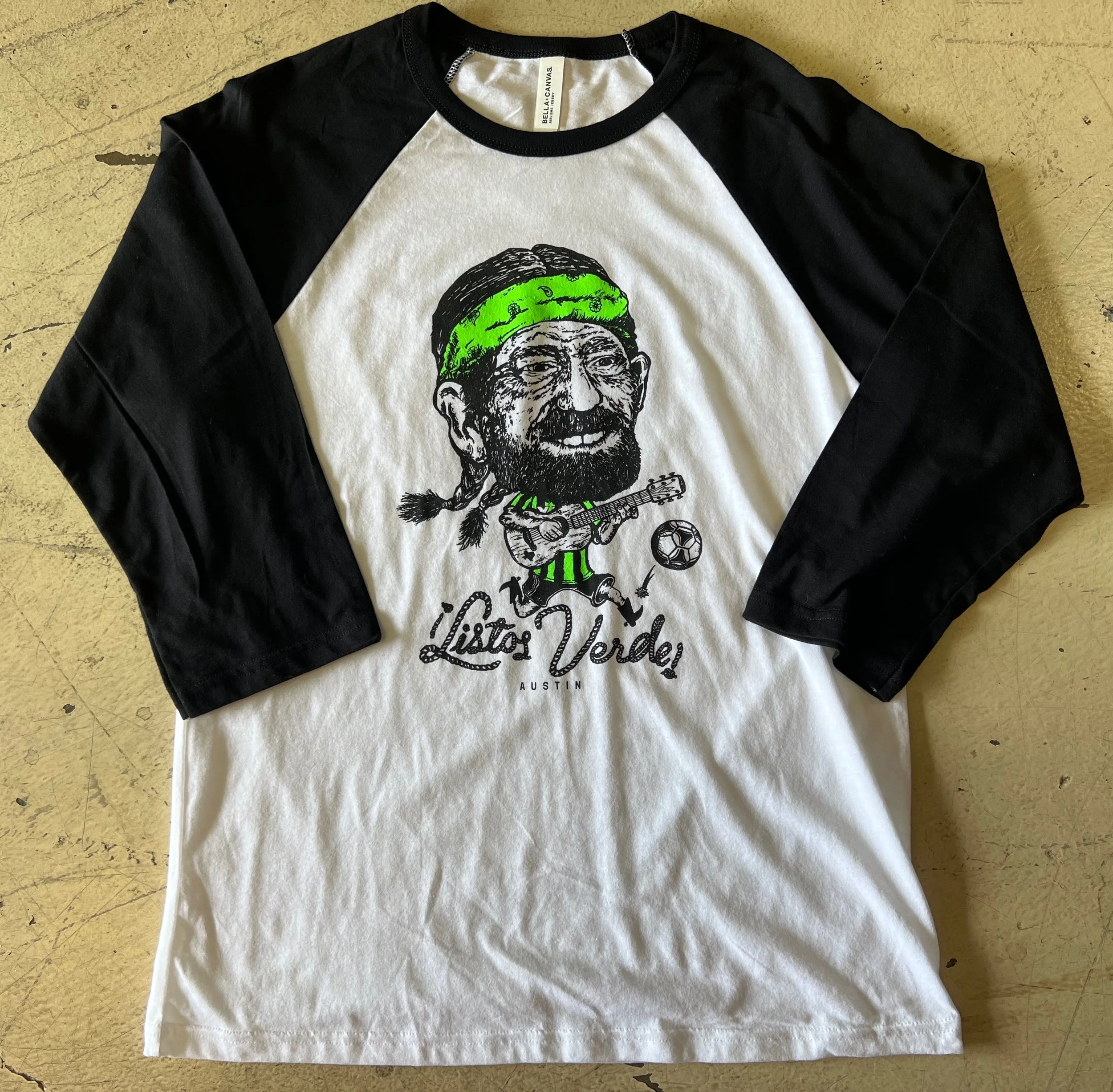 Custom screen printed raglan event shirts manufactured for the Los Verdes fan group in Austin.
