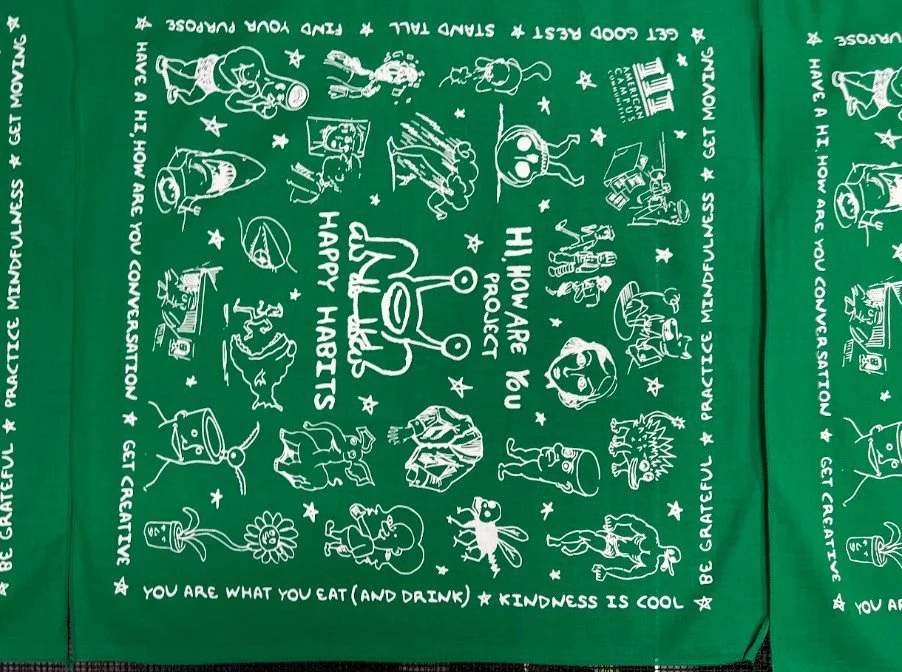 Custom screen printed event bandanas produced for the Hi How Are You Project in Austin.