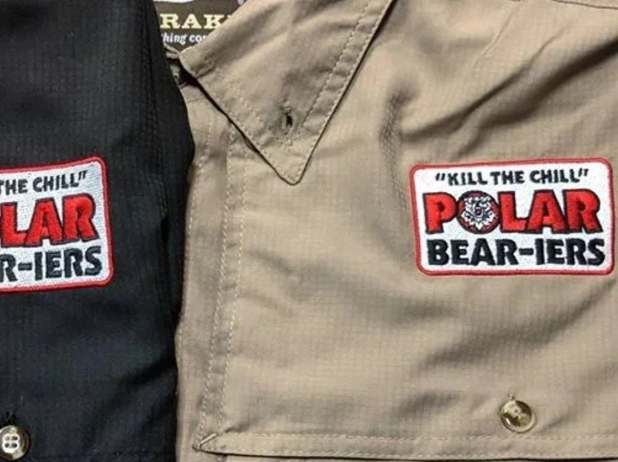 Custom embroidered work shirts with logo patch for Polar Bear-iers Austin, Texas.