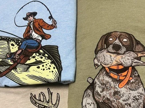 Custom screen printed shirts folded next to each other featuring vintage style prints of animals for a local Austin, Texas fashion brand.