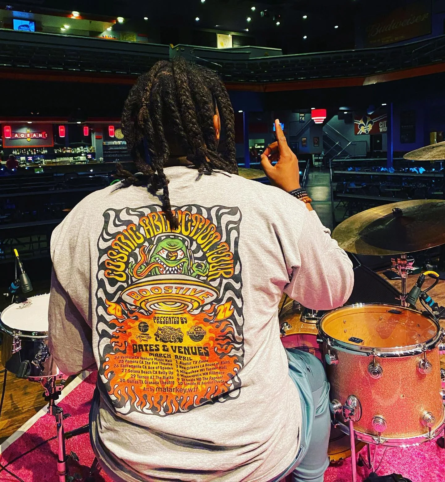 Our friends at @boostive are still on tour with @thieverycorporation, stoked to be able to make them a massive 8 color oversize print tour shirts. Check out their music on spotify. ⚡️⚡️⚡️. Art by @malarkey.wtf