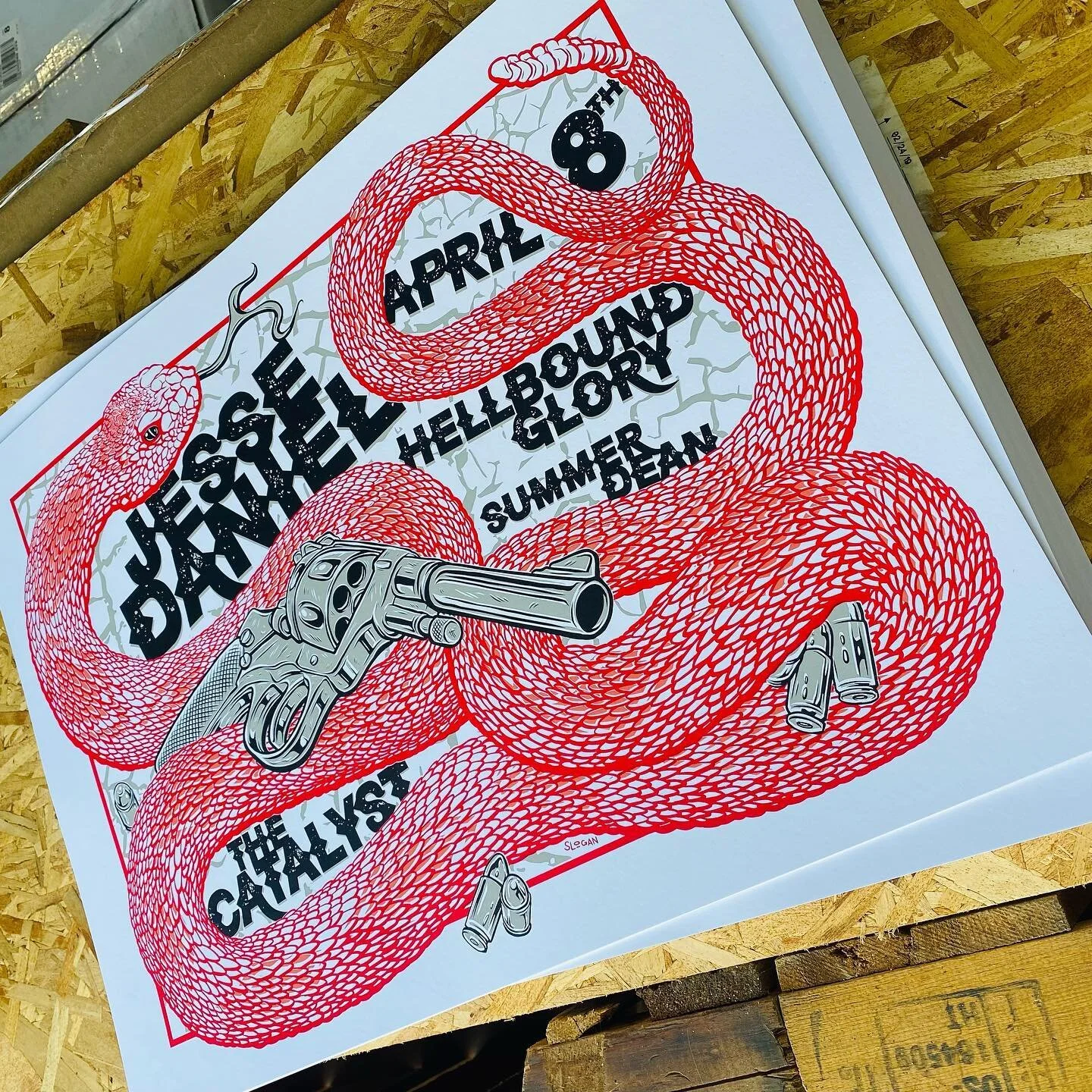 Just finished this round of 4 color posters for the @catalystclub and @thejessedaniel! Art by @slogan. Amped on gettin back on concert posters for the summer. If anyone knows of more poster printing jobs lemme know. 🍻🤙⚡️🥳 

#screenprinting #poster