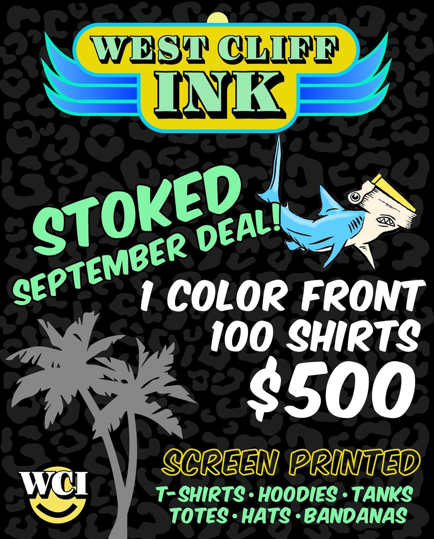 Hey yall, we have a pretty awesome deal for September. 100 shirts with a 1 color print on it for $500. 🌴⚡️🤙Check us out at westcliffink.com 

#screenprinting #custommerch #bandmerch