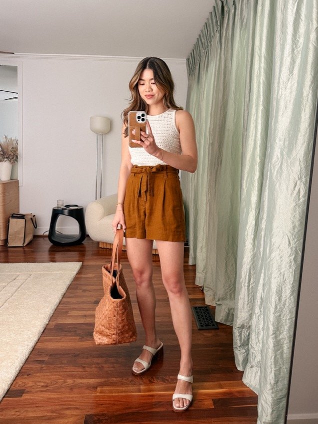 high waisted brown shorts outfit