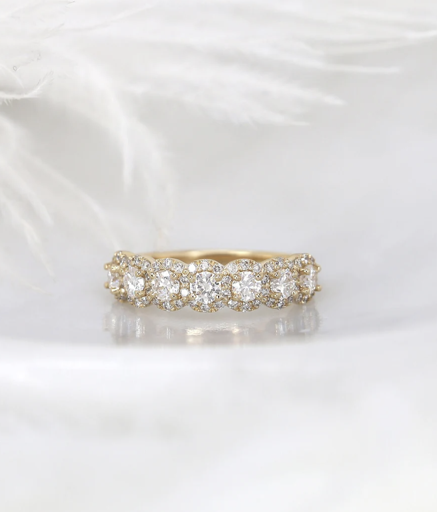 RosadosBox Fauna 14kt Gold Moissanite Diamond Round Halo Wedding Band
