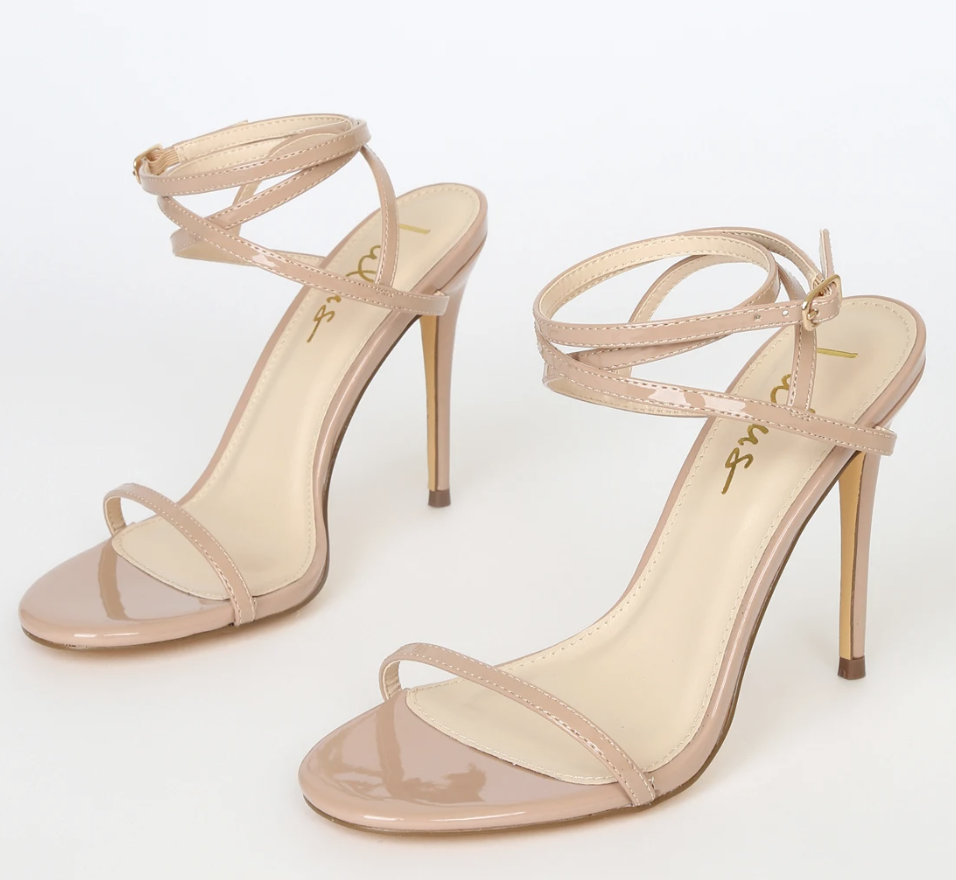 Lulus Sydd Light Nude Patent Ankle Wrap High Heel Sandals