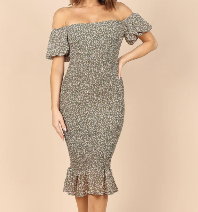 Petal &amp; Pup Claire Shirred Bodycon Off Shoulder Midi Dress in Green Floral 