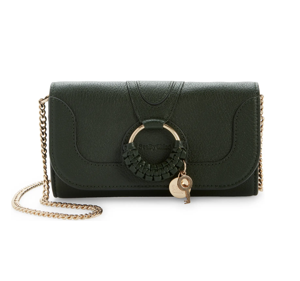 See By Chloe Hana Large Leather Wallet on a Chain in Deep Green Marble 