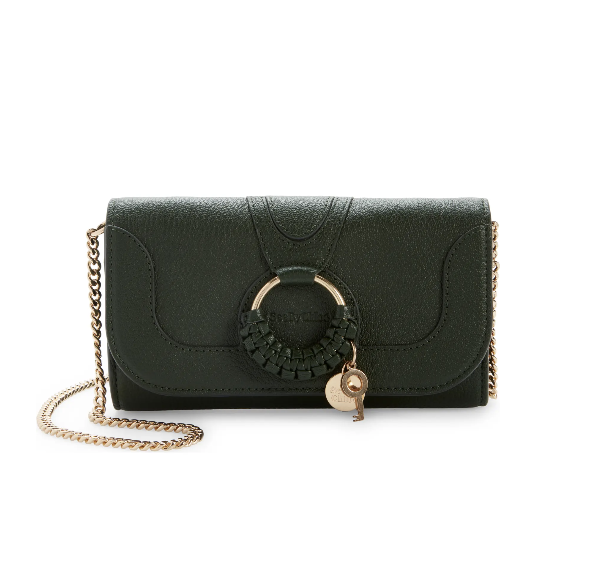 See By Chloe Hana Large Leather Wallet on a Chain in Deep Green Marble