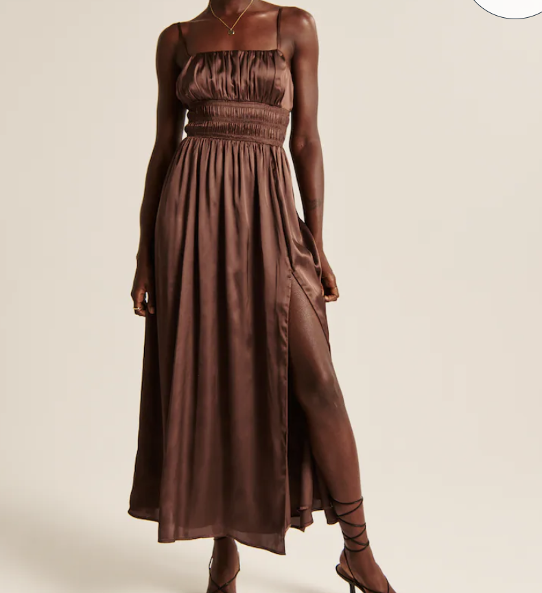 Abercrombie Smocked Bodice Satin Maxi Dress in Dark Brown