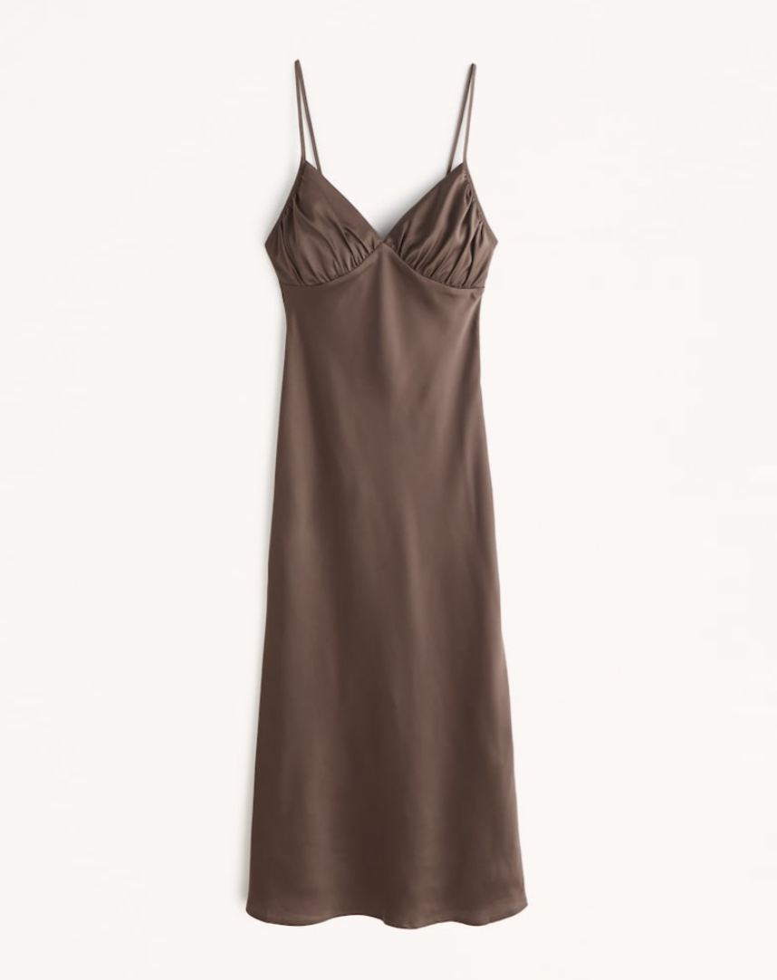Abercrombie Ruched Satin Slip Midi Dress in Dark Brown