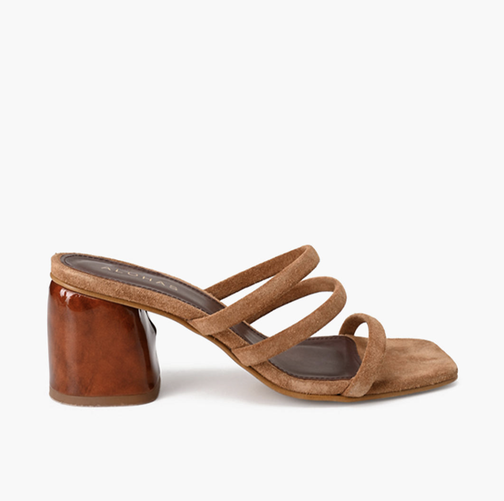 Alohas Suede Indiana Block-Heel Sandals in Brown
