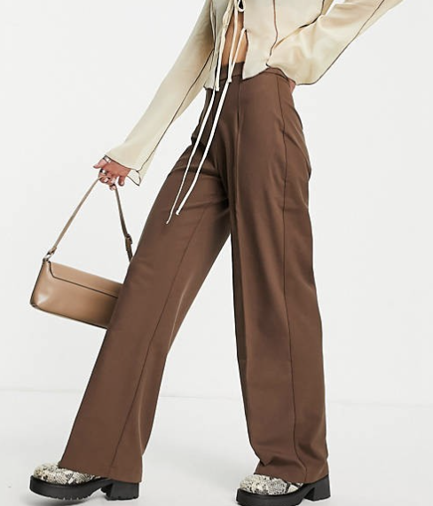 Asos Bershka Petite Wide Leg Slouchy Dad Tailored Pants in Brown