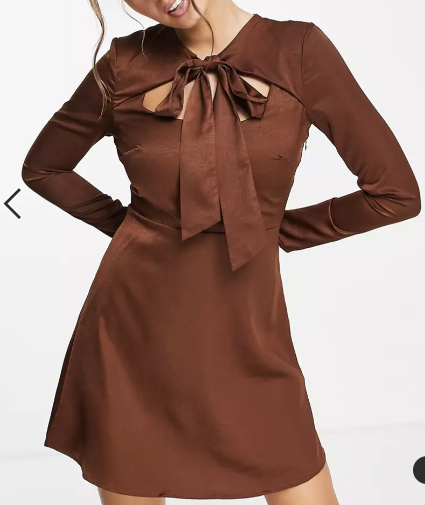 Asos Lola May Cut Out Tie Neck Satin Mini Dress in Brown