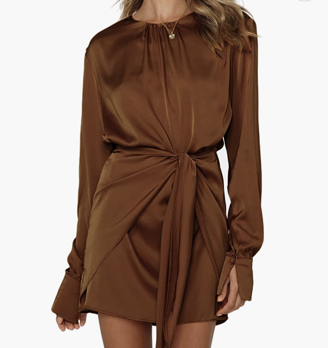 Amazon Women's Satin Dress Long Sleeve Casual Wrap Ruched Tie Waist Party Mini Dress