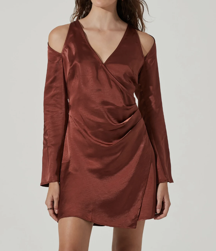  ASTR The Label Shoulder Cutout Long Sleeve Satin Mini Dress