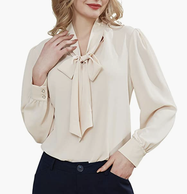 FHMLS Women's Bow Tied Neck Chiffon Blouses Casual Loose Long Sleeve Office Work Solid Tops Shirts
