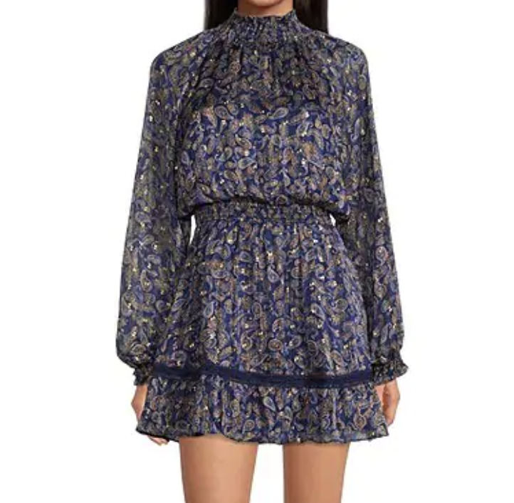 Lost + Wander Wish Upon Paisley Printed with Mock Neck and Balloon Long Sleeve Mini Dress