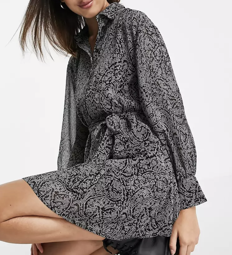 Topshop Paisley Tie Waist Shirtdress in Mono