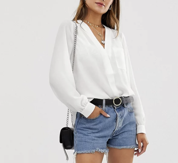 Asos Design Long Sleeve Blouse with Pocket Detail in Ivory