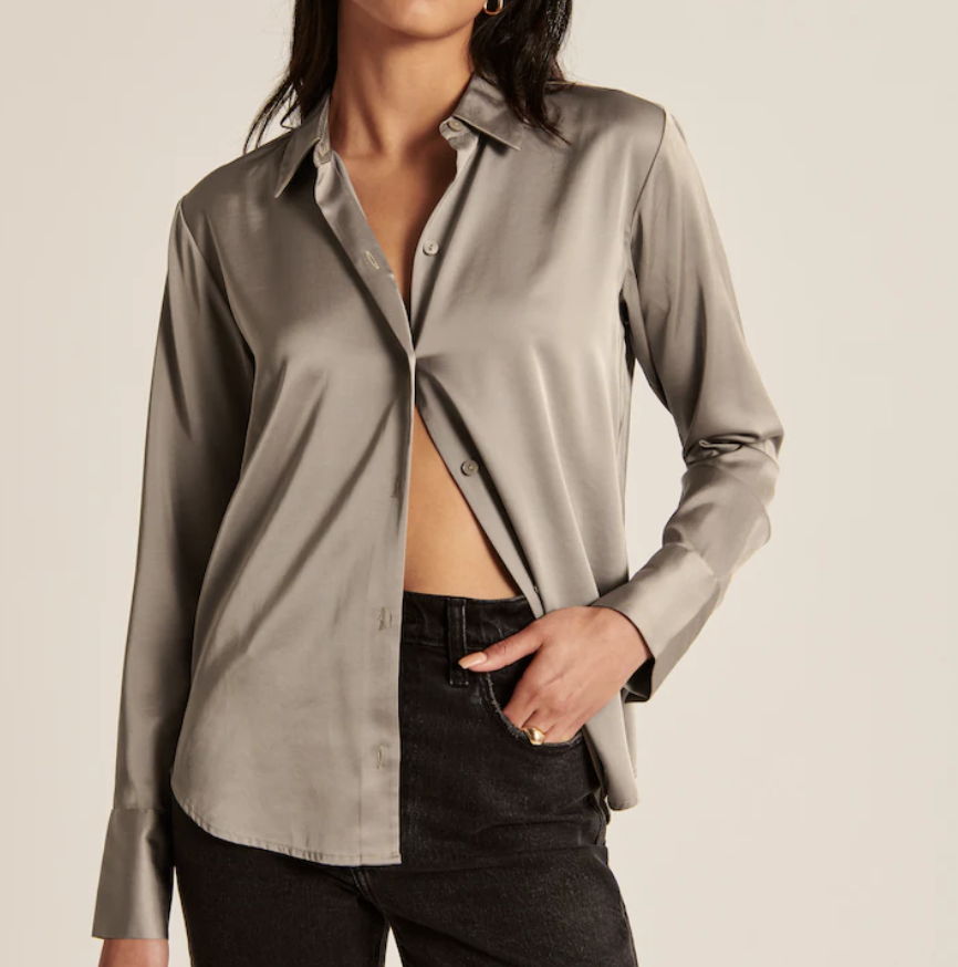 Abercrombie Long-Sleeve Satin Button-Up Shirt