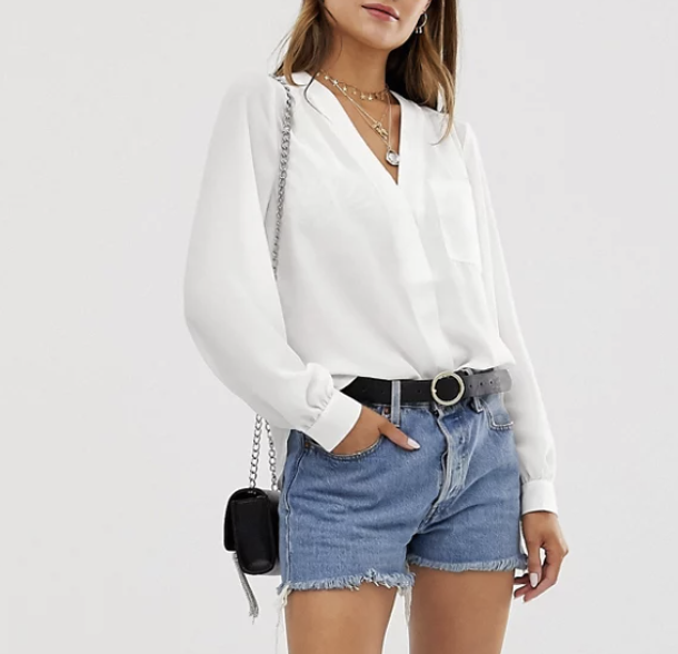 ASOS DesignLong Sleeve Blouse With Pocket Detail in Ivory