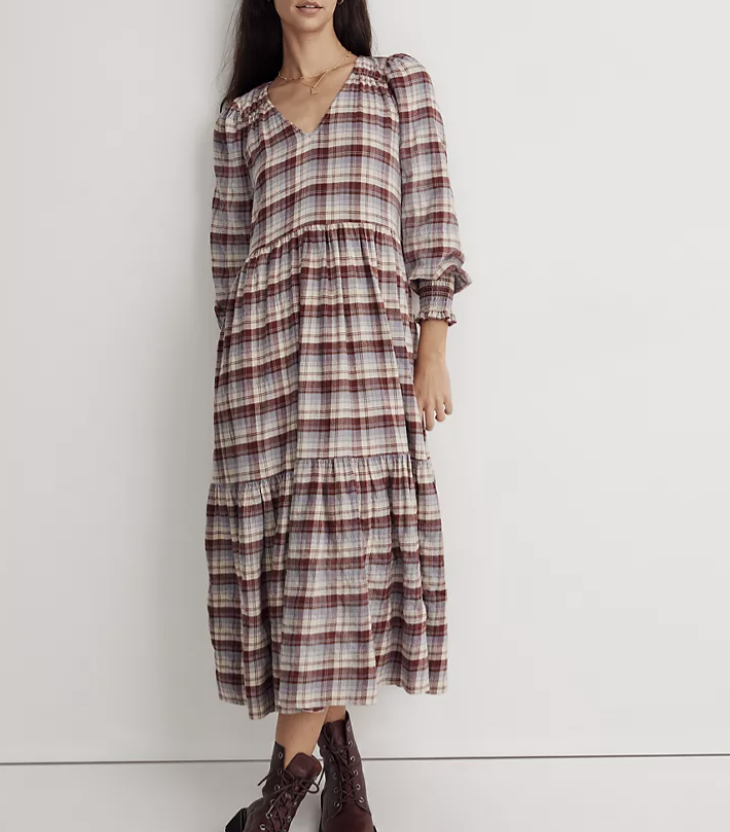 Madewell V-Neck Tiered Midi Dress in Plaid