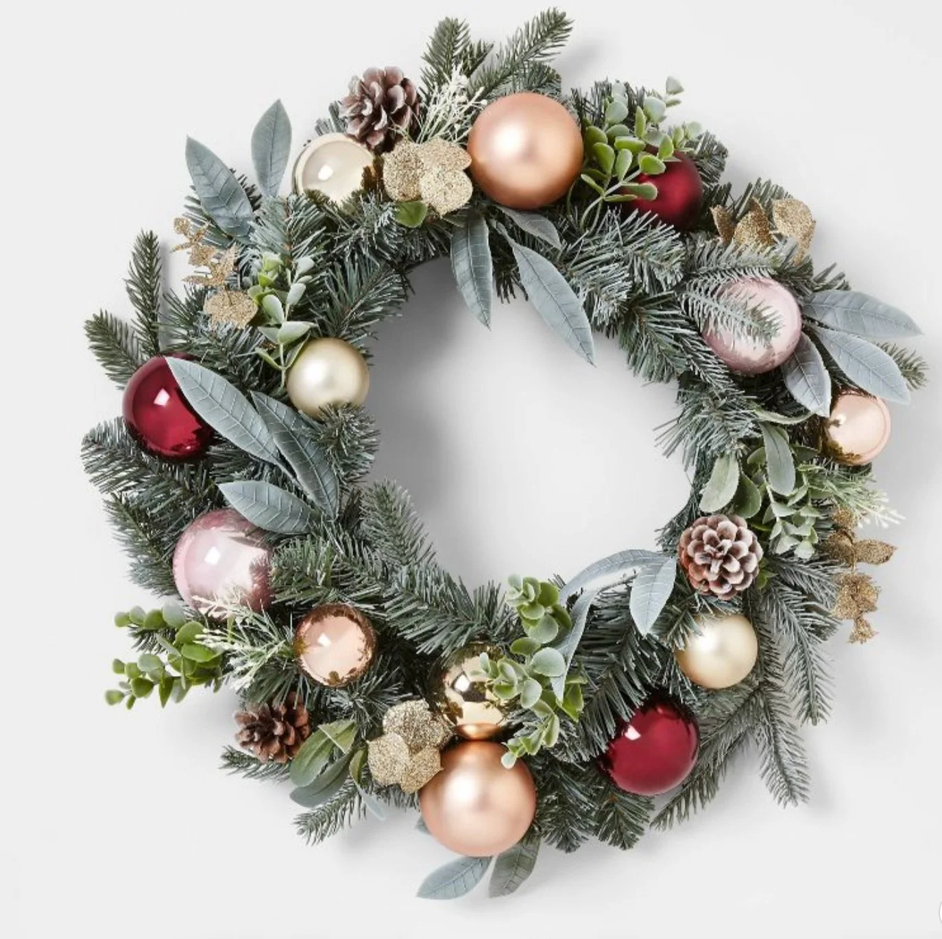 Target Wondershop 22in Mixed Artificial Pine Christmas Wreath with Shatter-Resistant Ornaments Gold, Burgundy &amp; Blush