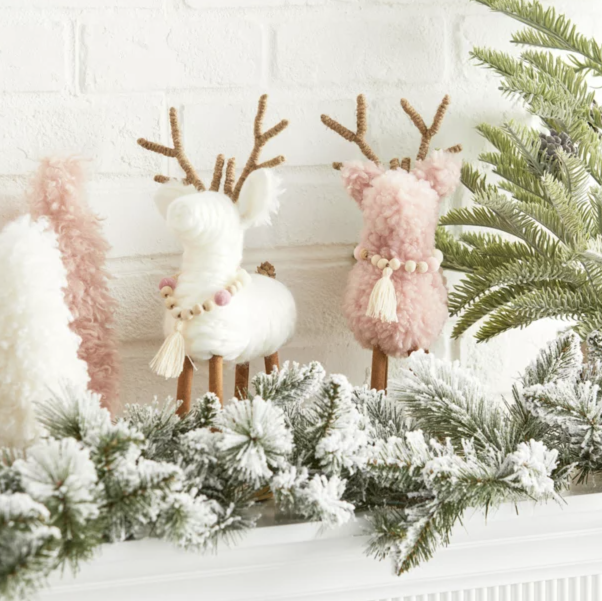 Walmart Holiday Time Pink and White Fabric Reindeer Tabletop Decorations, 13", 2 Count