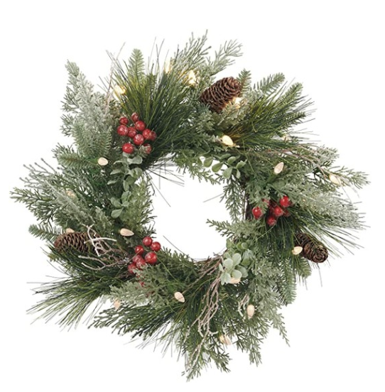 AmazonAMERZEST Pre-lit Christmas Wreath for Front Door, Flocked Branches, 18 Inch Battery Operated 20 LED Lights, Decorations for Indoor &amp; Outdoor Green