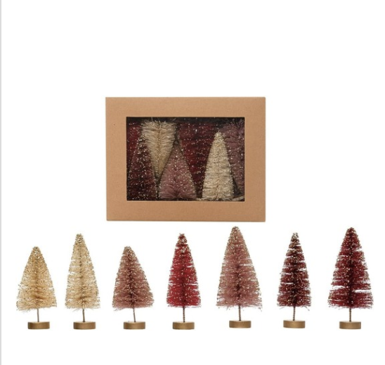 Amazon Creative Co-Op Sisal Bottle Brush Trees with Glitter and Gold Wood Bases, Multicolor, Boxed Set of 7