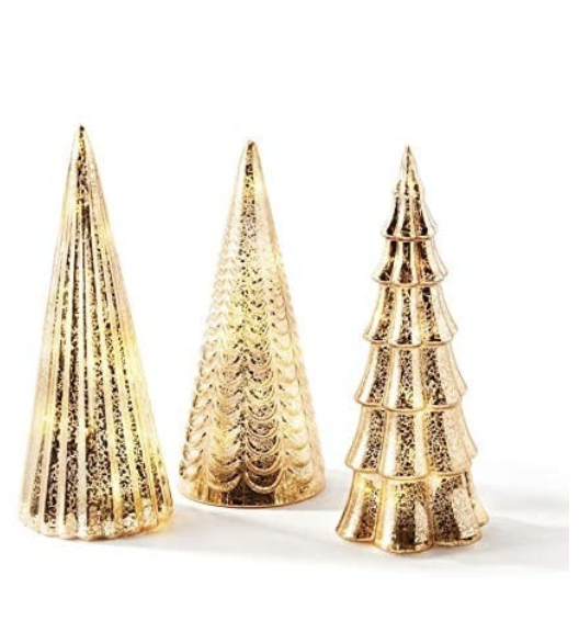 Amazon Christmas Tree Decoration with Fairy Lights - Set of 3 Assorted Trees, 10 Inch Tall, Champagne Gold Mercury Finish, Batteries Included, Holiday Table Centerpiece or Mantle Decor