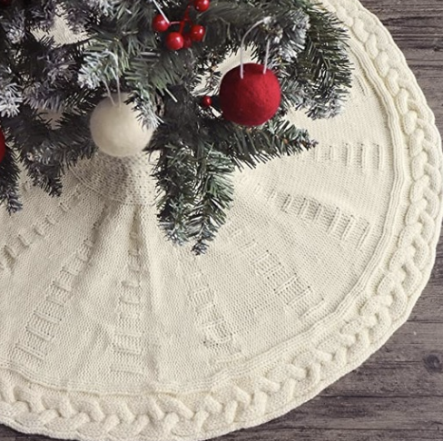 Amazon LimBridge Knitted Christmas Tree Skirt, 36 Inches Cable Knit Edge, Rustic Heavy Yarn Tree Skirts for Xmas Decor Holiday Decoration, Cream White