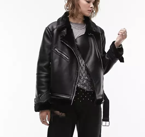 ASOS Topshop Faux Shearling Aviator Jacket with Faux Fur Lining in Black