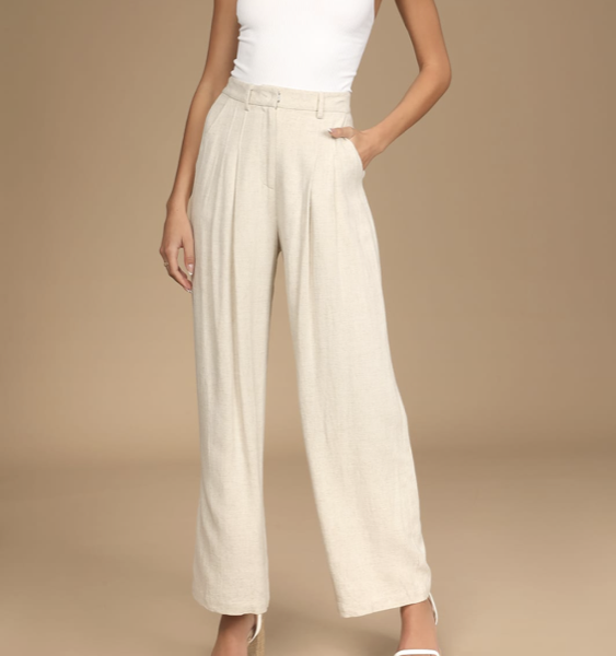 Lulus Never Miss Beige High-Waisted Wide-Leg Pleated Trouser Pants