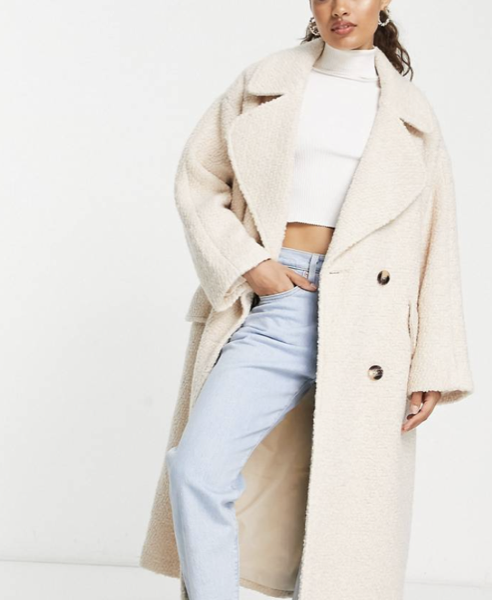 ASOS Design Petite Smart Double Breasted Boucle Wool Mix Coat in Cream